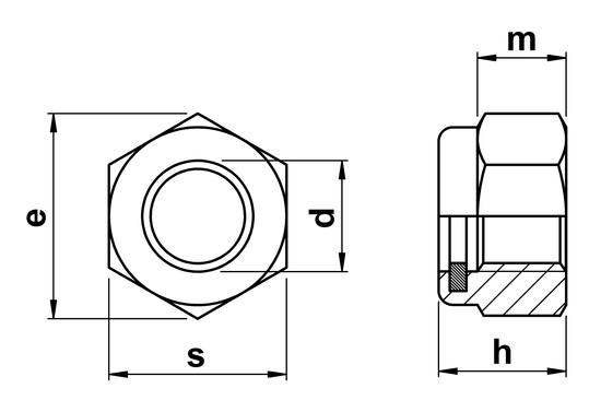 Nylock nut technical drawing showing across flats (s), overall height (h), metal height (m) and nylon insert per DIN 982 / ISO 7040