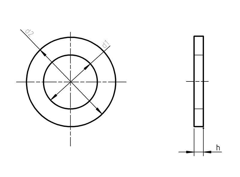 Plain washer technical drawing — DIN 125 showing inner diameter d1, outer diameter d2, thickness h