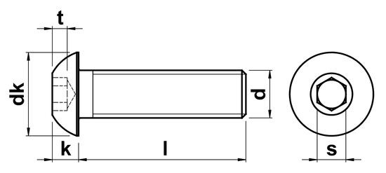 Socket Button Head Cap Screw dimensional drawing — ISO 7380-1 showing dk, k, s, e