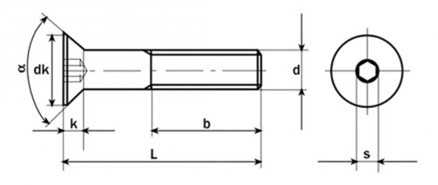 Socket Countersunk Head Cap Screw dimensional drawing — DIN 7991 / ISO 10642 showing dk, k, s