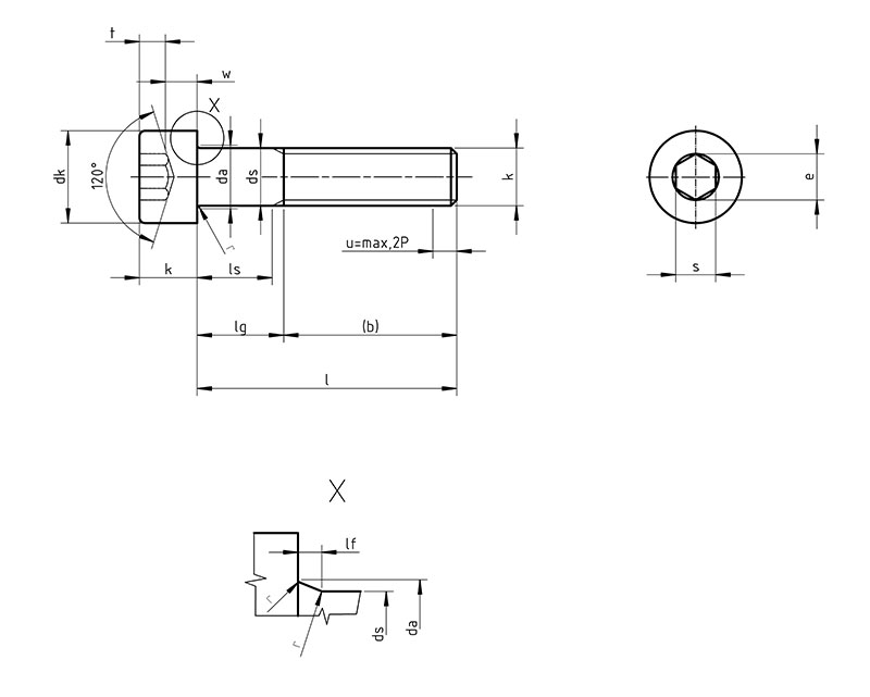 Socket Head Cap Screw dimensional drawing — DIN 912 / ISO 4762 showing dk, k, s, e, p