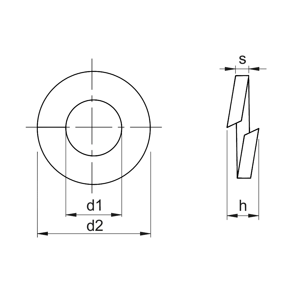 Spring washer technical drawing — DIN 127B showing d1 inner diameter, d2 outer diameter, s cross-section, h free height